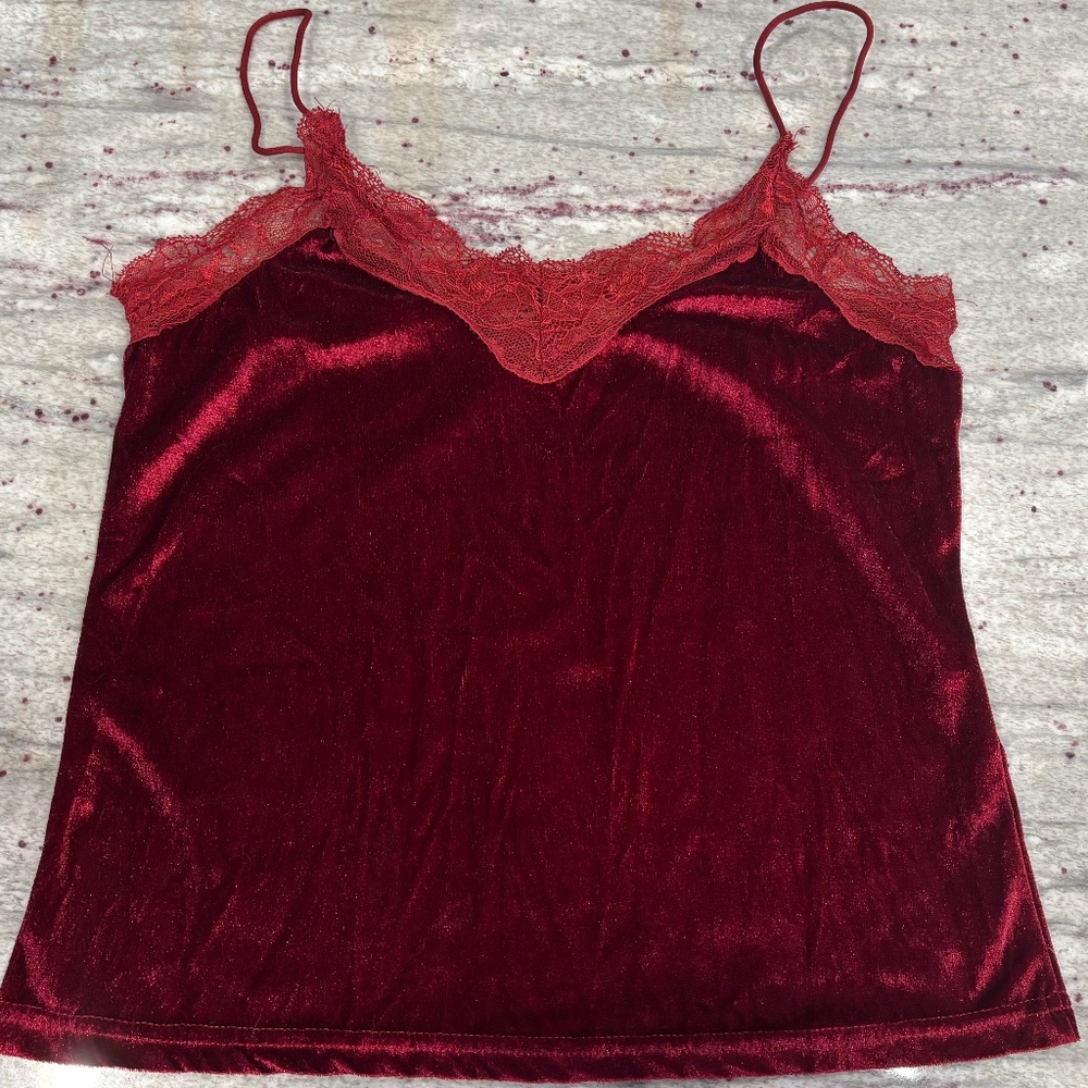 Shein Womens Red Velvet Spaghetti Strap Camisole - Lace Trim V Neck Size M